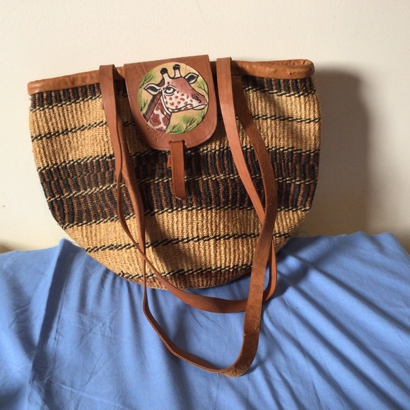 Vintage Leather/Woven Straw Sisal Shoulder Bag Double Handle Purse with Girafffe - Picture 1 of 8
